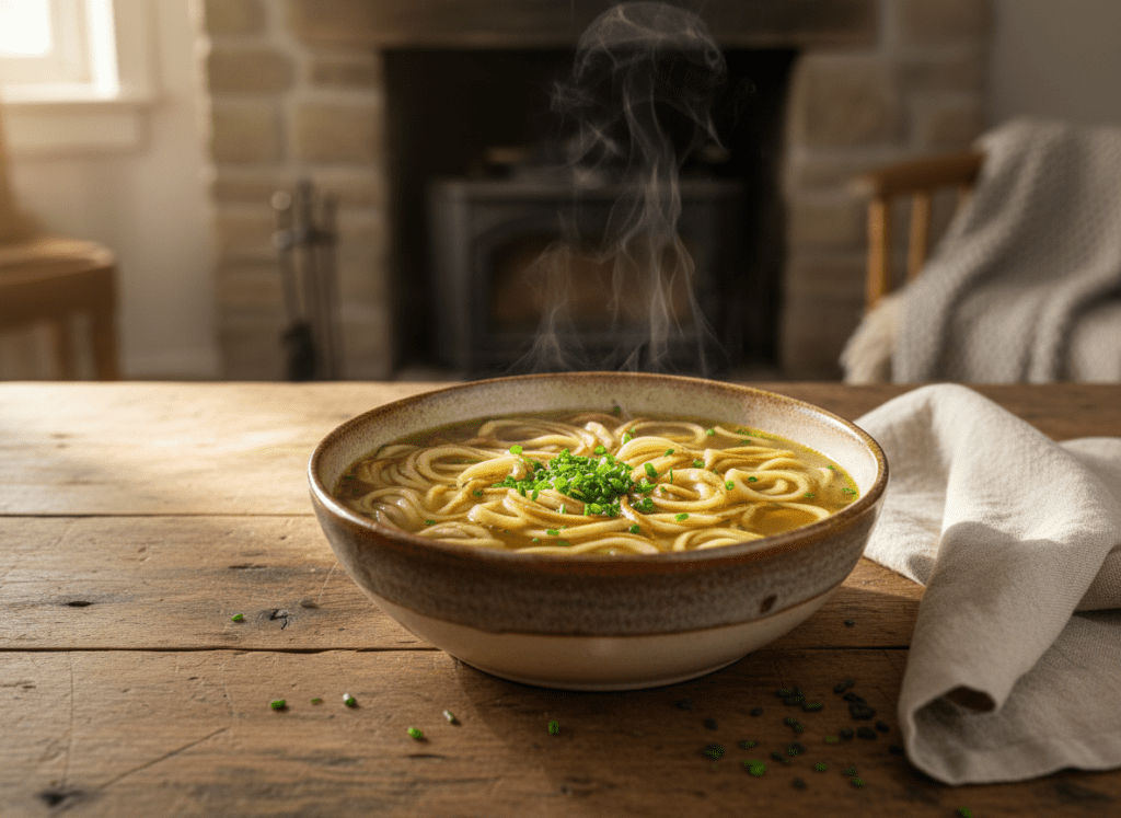 Traditional german pancake soup Flädlesuppe in ceramic bowl