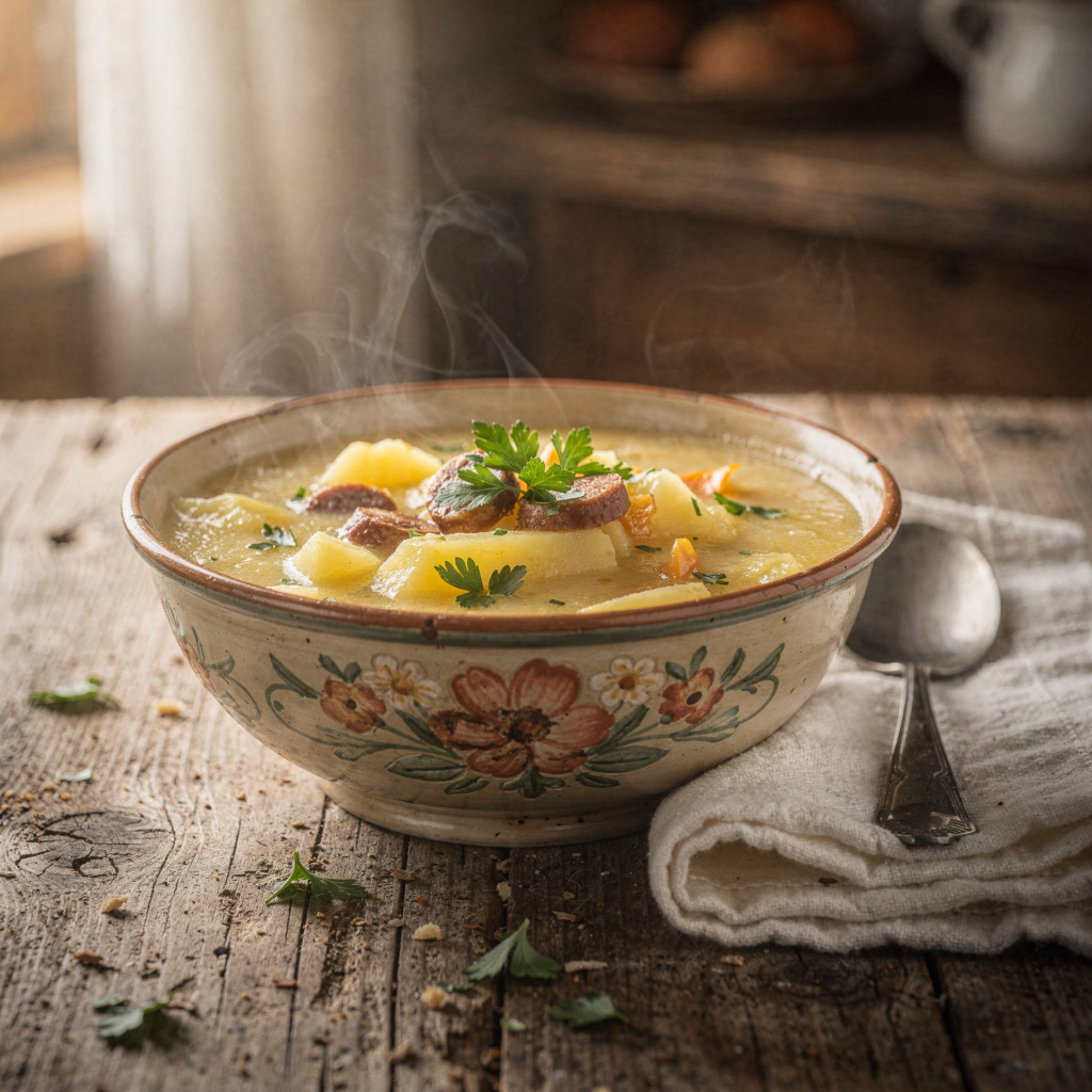 Traditional German potato soup Kartoffelsuppe in ceramic bowl